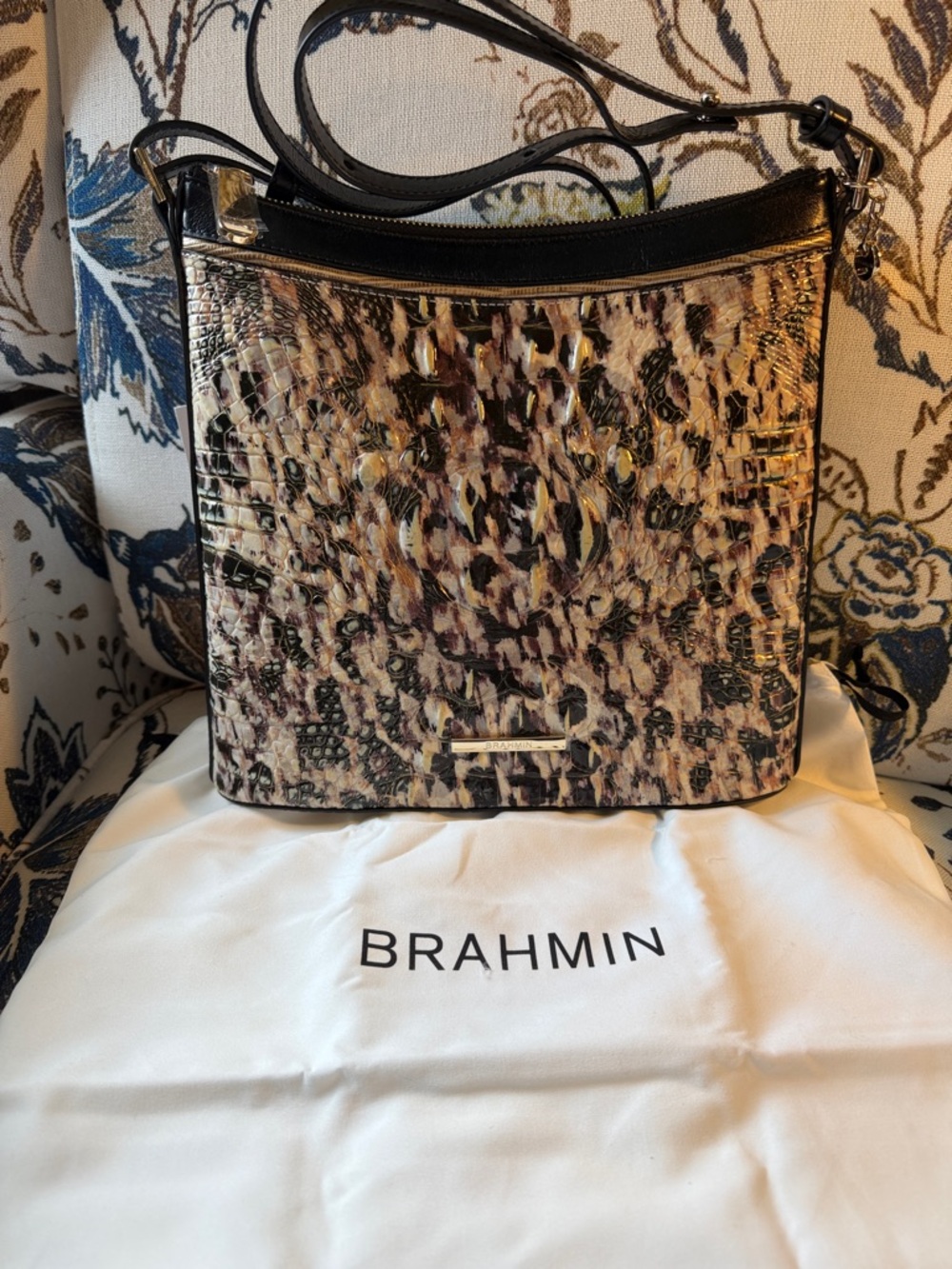 Brahmin Multicolor Floral Embossed Leather Crossbody with Black Trim